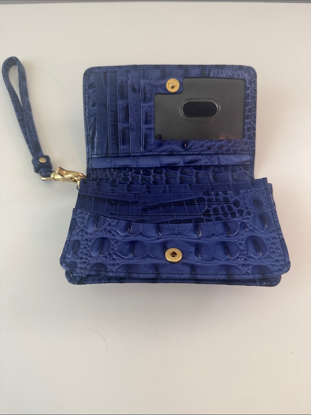 Brahmin Navy Embossed Croc Leather Wristlet with Gold Hardware - Picture 3 of 7